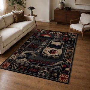 JDM Car Rug, Japanese Tuner Street Racing Art, Mount Fuji Garage Decor
