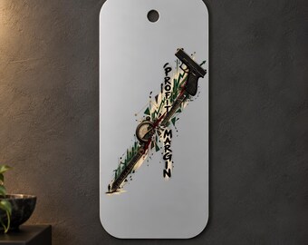 Pistol and Trading Chart Metal Wall Art, Ruler and Round Dial, Green Black and Gold, 1.5 mm Metal, 35 x 70 cm (13.78 x 27.56 in)