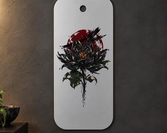 Black Mechanical Flower Metal Wall Art, Red Circle and Green Leaves, 1.5 mm Metal, 35 x 70 cm (13.78 x 27.56 in)