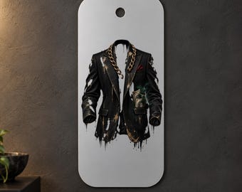 Black Suit Jacket Metal Wall Art, Gold Chain and Banknotes, Surreal Fashion Design, 1.5 mm Metal, 35 x 70 cm (13.78 x 27.56 in)