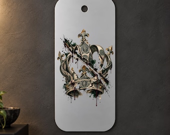 Broken Crown Metal Wall Art, Banknote Pattern, Green Beige and Gold Surreal Design, 1.5 mm Metal, 35 x 70 cm (13.78 x 27.56 in)
