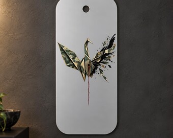 Origami Crane Metal Wall Art, Green Banknote Collage and Gold Accents, 1.5 mm Metal, 35 x 70 cm (13.78 x 27.56 in)
