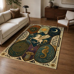 Könnte beinhalten: Ein rechteckiger Teppich mit einem zentralen weißen Pegasus, umgeben von Feldern mit Sonne, Mond, Auge, Labyrinth, Seepferdchen und klassischen Säulen. Das Design verwendet eine Farbpalette aus tiefem Blau, Gold und Creme mit floralen Rändern.