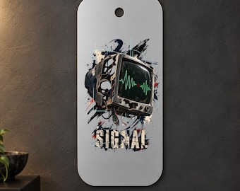 Retro TV Metal Wall Art, Signal Typography and Green Waveform, Grunge Style, 1.5 mm Metal, 35 x 70 cm (13.78 x 27.56 in)