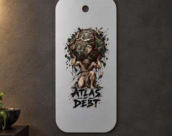 Atlas of Debt Metal Wall Art, Kneeling Statue and Sphere Collage, 1.5 mm Metal, 35 x 70 cm (13.78 x 27.56 in)