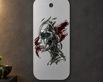 Biomechanical Face Metal Wall Art, Silver Profile with Teal and Burgundy, 1.5 mm Metal, 35 x 70 cm (13.78 x 27.56 in)
