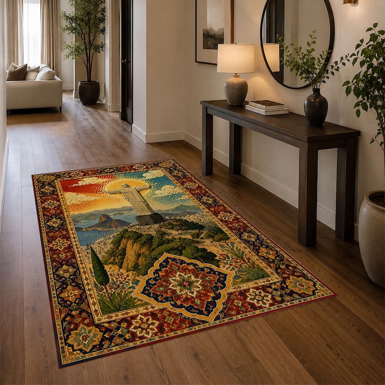 Christ the Redeemer Oushak Style Rug, Rio De Janeiro Landmark Decor ...