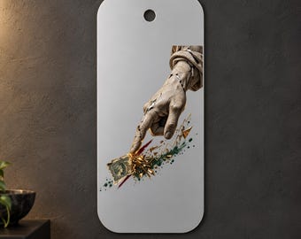 Pointing Statue Hand Metal Wall Art, Gold and Green Chart Collage, 1.5 mm Metal, 35 x 70 cm (13.78 x 27.56 in)