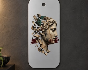 Fragmented Statue Face Metal Wall Art, Gold Cracks and Teal Accents, 1.5 mm Metal, 35 x 70 cm (13.78 x 27.56 in)