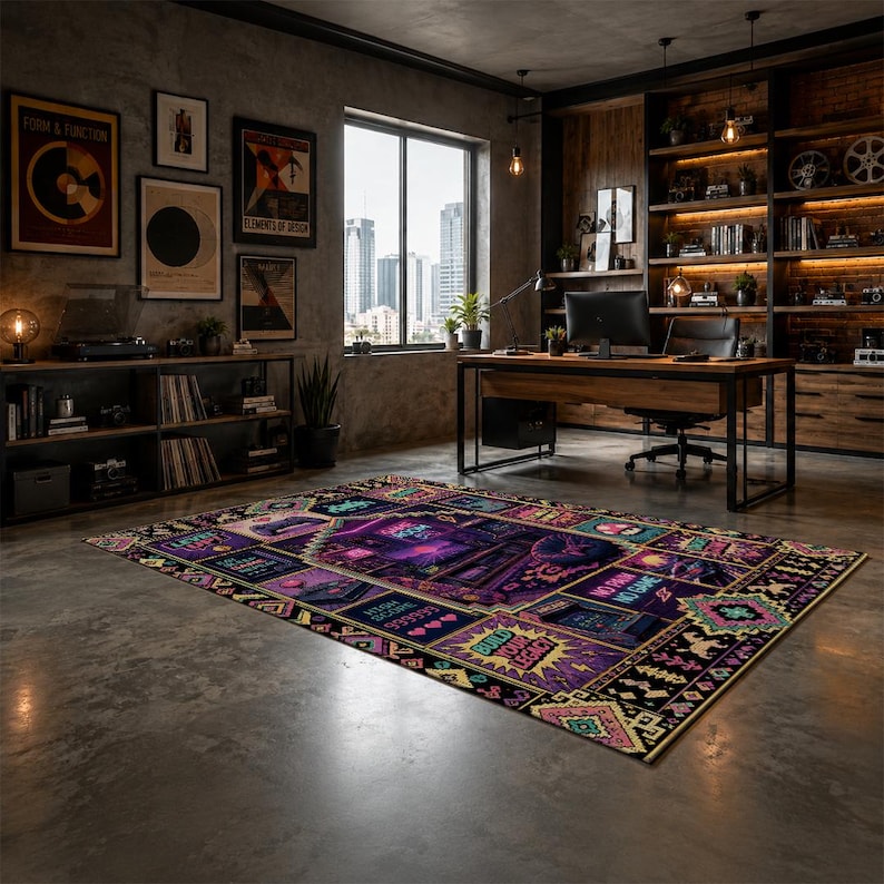 Retro Formula Racing Rug, Neon Grand Prix Art, Oushak Style Floor Decor ...