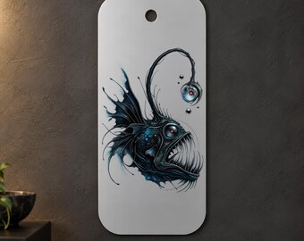 Anglerfish Metal Wall Art, Dark Blue and Black Fish with Silver Details, 1.5 mm Metal, 35 x 70 cm (13.78 x 27.56 in)