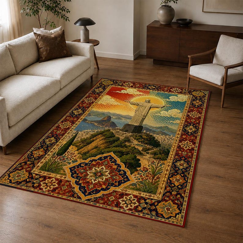 Christ the Redeemer Oushak Style Rug, Rio De Janeiro Landmark Decor ...