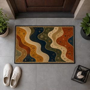 May include: A rectangular doormat featuring a repeating pattern of wavy, flowing bands in shades of mustard yellow, deep navy blue, forest green, and burnt orange. The design includes intricate dotted textures and small, delicate floral motifs.
