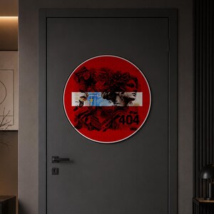 May include: A circular wall art piece featuring a deep red background with a classical statue bust, architectural column fragments, and a horizontal white stripe. The design includes the number 404 in bold black text and a small barcode graphic.