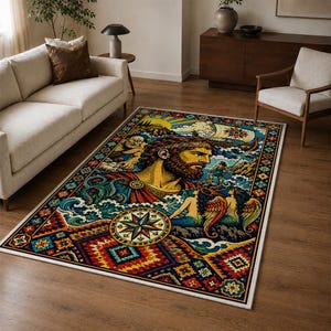 May include: A rectangular area rug featuring a vibrant, multi-coloured illustration of a bearded man, sirens, and a ship on a sea. The design includes a compass rose, swirling waves, and geometric patterns in shades of blue, red, yellow, and gold.