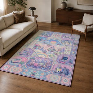May include: A rectangular area rug featuring a pastel-coloured pixel art design. The pattern includes a central floating island scene surrounded by various gaming and retro-themed icons like a television, arcade cabinet, cassette tape, and cat.
