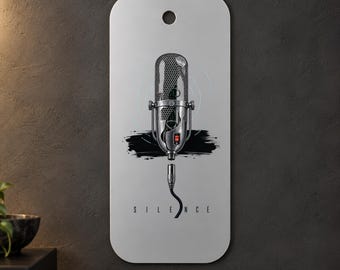 Vintage Microphone Metal Wall Art, Silence Typography, Silver and Black Design, 1.5 mm Metal, 35 x 70 cm (13.78 x 27.56 in)