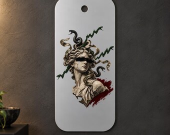 Statue Bust and Snakes Metal Wall Art, Surreal Green and Gold Collage, 1.5 mm Metal, 35 x 70 cm (13.78 x 27.56 in)