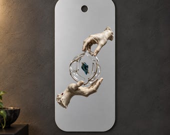 Sculptural Hands Metal Wall Art, Glass-Like Sphere with Teal and Gold Details, 1.5 mm Metal, 35 x 70 cm (13.78 x 27.56 in)