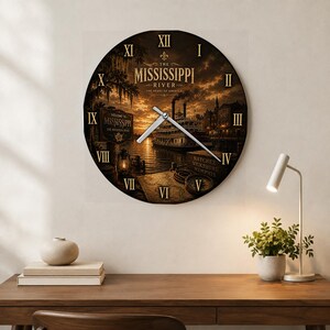 May include: A round wall clock featuring a dark, sepia-toned illustration of a Mississippi River steamboat at sunset. The clock face displays Roman numerals, the text The Mississippi River, and a map graphic with the words Natchez, Vicksburg, Memphis.