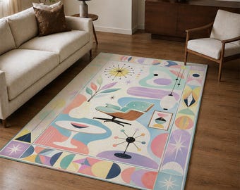 Pastel Mid Century Modern Rug, Retro Lounge Chair Abstract Art Floor Decor