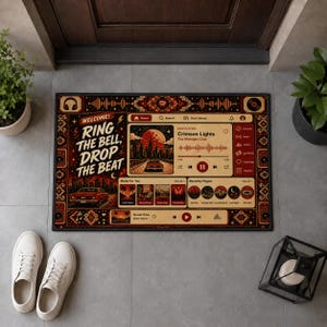 May include: A rectangular doormat featuring a music streaming interface design in shades of red, orange, and cream. The text reads Welcome! Ring the bell, drop the beat, Crimson Lights, and The Midnight Club, with a car graphic and icons.