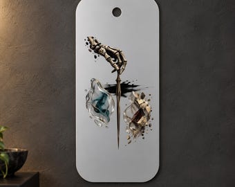 Skeleton Hand and Sword Metal Wall Art, Surreal Teal and Gold Design, 1.5 mm Metal, 35 x 70 cm (13.78 x 27.56 in)