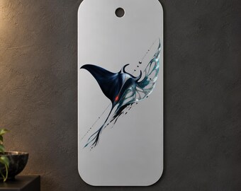 Blue Manta Ray Metal Wall Art, Abstract Turquoise and Silver Details, 1.5 mm Metal, 35 x 70 cm (13.78 x 27.56 in)