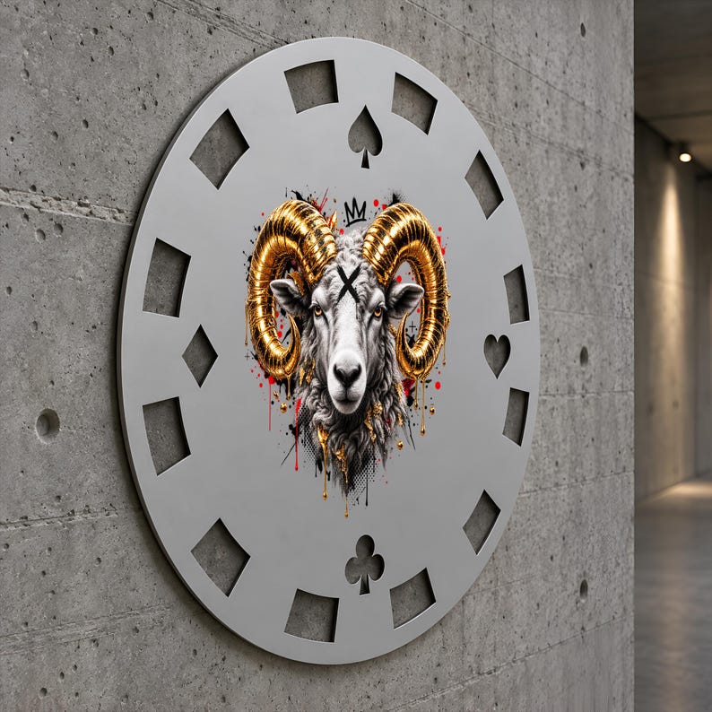 Painted Rams Head Golden Ram Metal Poker Chip Wall Art, Laser Cut Steel Casino Decor, 60 ...