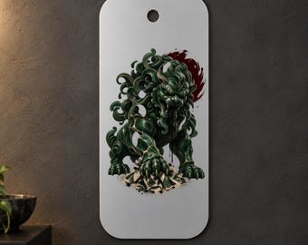Green Lion Metal Wall Art, Ornate Statue with Gold Crack Details, 1.5 mm Metal, 35 x 70 cm (13.78 x 27.56 in)