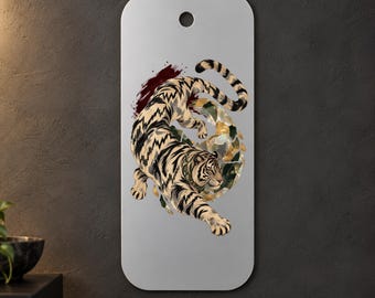Leaping Tiger Metal Wall Art, Cream and Black with Gold Mosaic Circle, 1.5 mm Metal, 35 x 70 cm (13.78 x 27.56 in)
