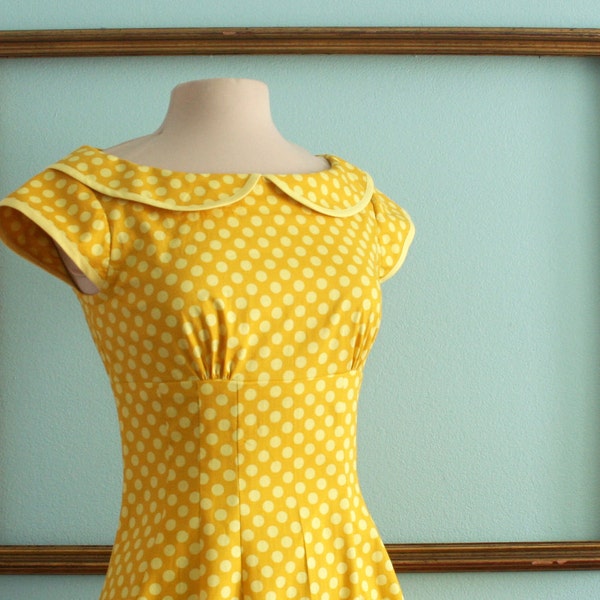 SALE - was 140 - peter pan collar dress with cap sleeves in Yellow polka dot - empire waist dress - MARIE Style