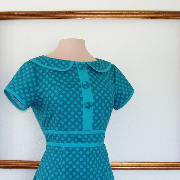 retro dress handmade clothing custom made with peter  collar in teal Polka dot - MARI style