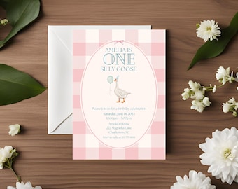 One Silly Goose Birthday Invitation Template | Canva Editable Digital Download Silly Goose Party Invite First Birthday Girl 1st Birthday