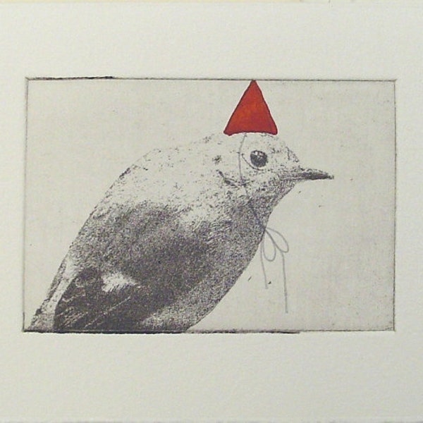 original etching of a party bird,hand pulled