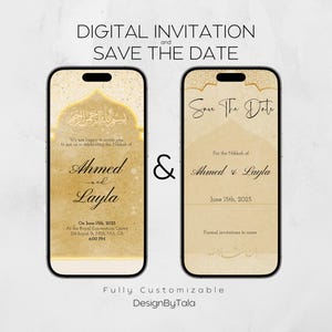 Peut inclure: Une invitation numérique et une carte de sauvegarde de la date avec un design or et blanc. L'invitation présente une inscription arabe et le texte "Ahmed & Layla" avec la date "15 juin 2025". La carte de sauvegarde de la date présente le texte "Save The Date" et "Pour le Nikkah d'Ahmed & Layla" avec la date "15 juin 2025".