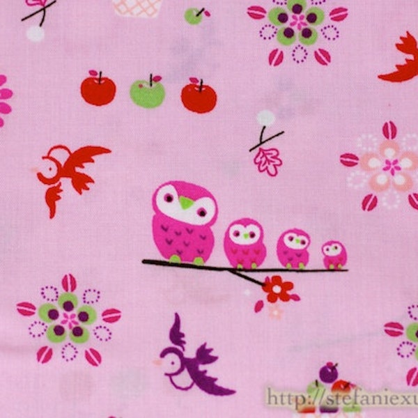 Owl Collection, Pink Hoot Owl Family, Flying Birds On Pink - Cotton Fabric (1/2 Yard)