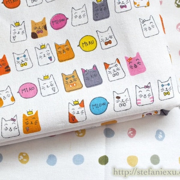Kawaii Japanese Miow Crown Colorful Cat Kitty Collection- Linen Cotton Blended Fabric (1/2 Yard)