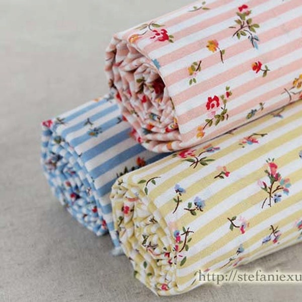 SALE CLEARANCE Neat Little Chic Rose Floral Stripe - Japanese Cotton Fabric (1/2 Yard)