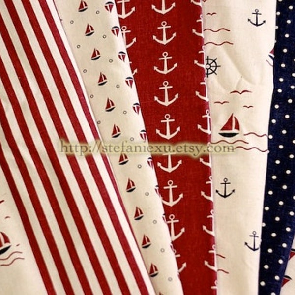 Nautical Marine-Anchor, Sailing Boats, Dots and Stripe Patchwork(NATURAL White)-Linen Cotton Blended Fabric(1/2 Yard)