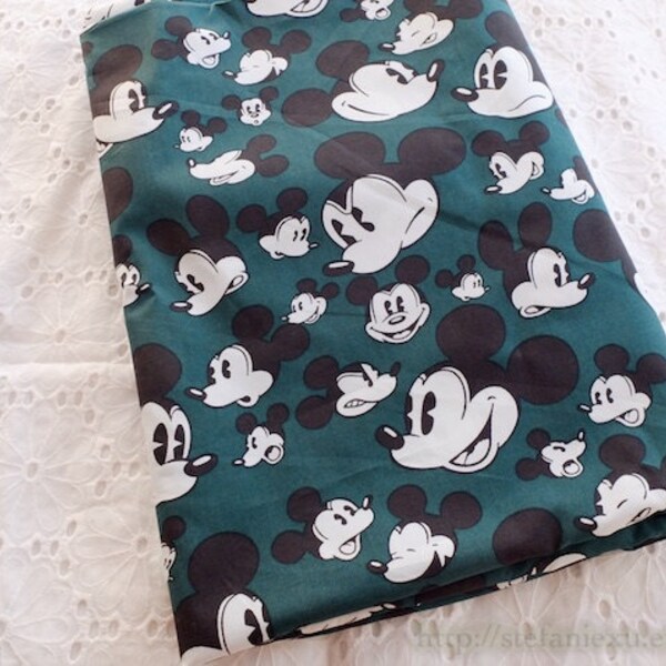 Cartoon Character Collection, Lovely Retro Black Mickey Mouse Head On Dark Green - Silk Cotton Fabric (1/2 Yard)