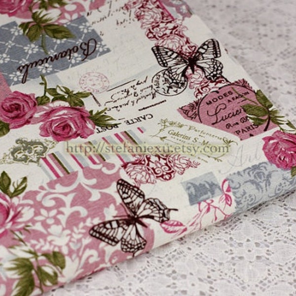 SALE Clearance 1 Yard Unique Linen Collection-Victorian Style, Retro Dark Pink Rose Butterfly Poem Collection(1 Yard)