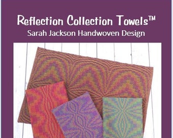 May include: Four colorful handwoven towels with a geometric pattern. The towels are made with four shafts and one warp. Original Pattern by Sarah Jackson, Pattern #34.