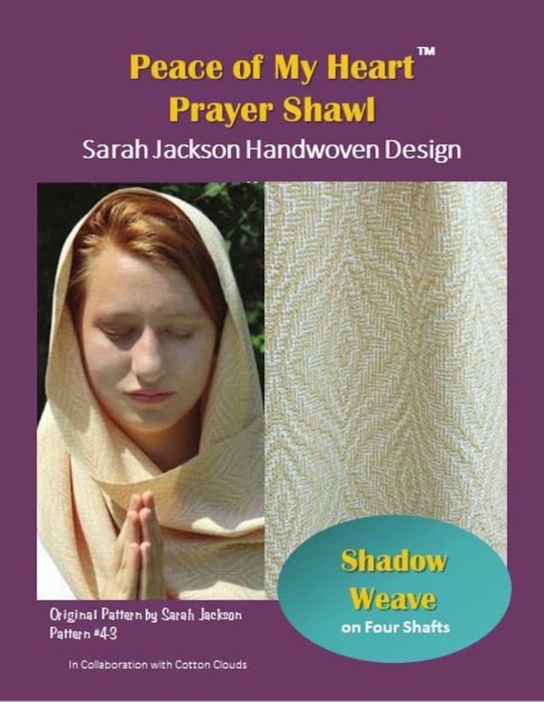 May include: A white prayer shawl with a delicate woven pattern, worn by a person with red hair. The shawl is titled "Peace of My Heart Prayer Shawl" and "Shadow Weave on Four Shafts".