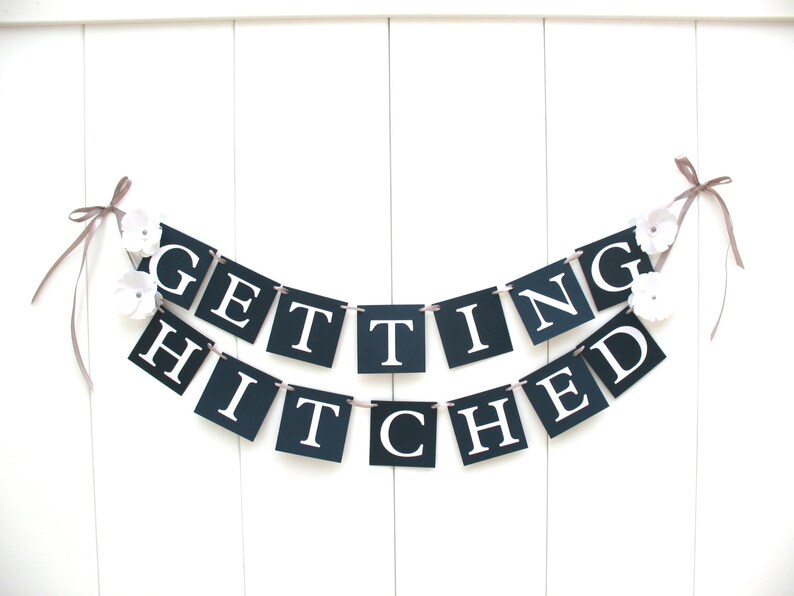 Getting Hitched Engagement Wedding Banner Navy and Silver Etsy