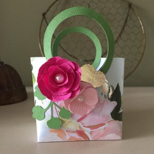 Purse Favor Paper Purse Petite Tote Baby Shower Birthday Favor Bridal Shower Favor Paper White Purse Purple Flowers Roses (LG6)
