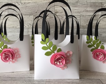 Purse Favor Paper Purse Tote Baby Shower Birthday Favor Bridal Shower Favor Paper White Purse with Pink Rose (GR4)