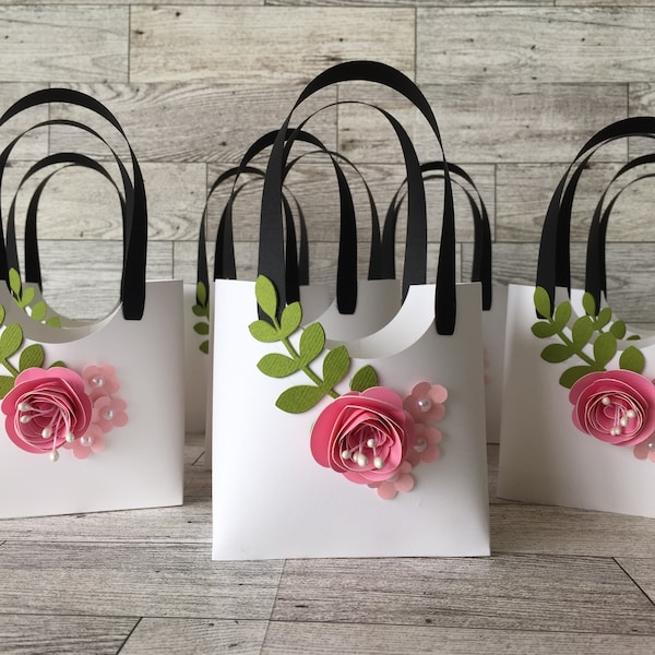 Purse Favor Paper Purse Tote Baby Shower Birthday Favor Bridal Shower Favor Paper White Purse with Pink Rose (MM7)