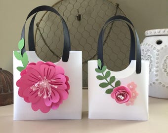 Purse Favor Paper Purse Tote Baby Shower Birthday Favor Bridal Shower Favor Paper White Purse with Pink Rose (PR9)