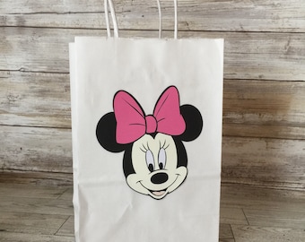 Minnie Mouse Birthday Favor Bags, Birthday Bags, White Gift Bags, Treat Bags, White Bags with Disney Theme Set of 10 Bags